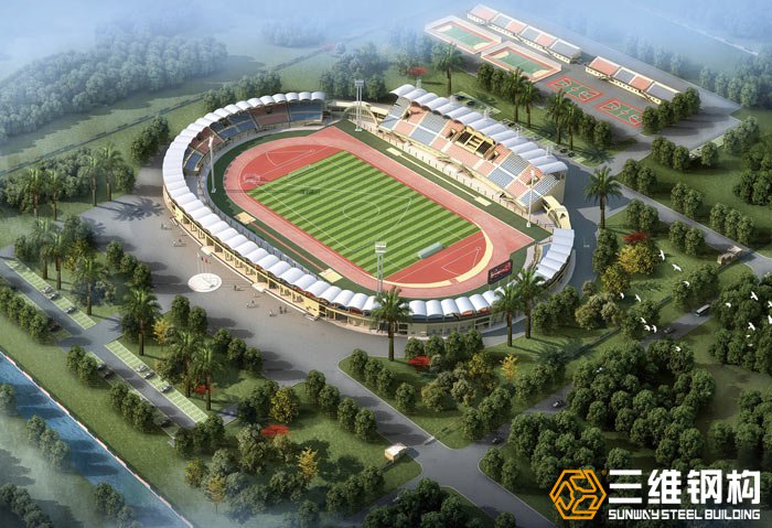山东三维钢结构公司建造的刚果（布）韦索体育场钢结构设计工程效果图